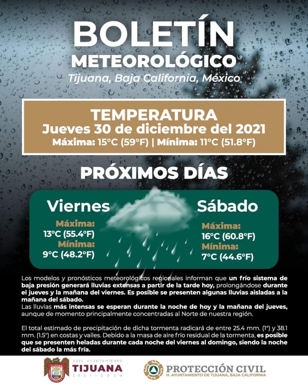Alerta Protección Civil por lluvias intensas en Tijuana